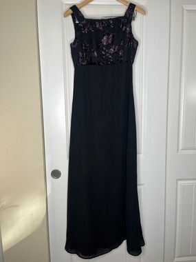 Vintage Y2K Black Formal Dress Whimsigoth Purple Floral Crushed Velvet Size 8